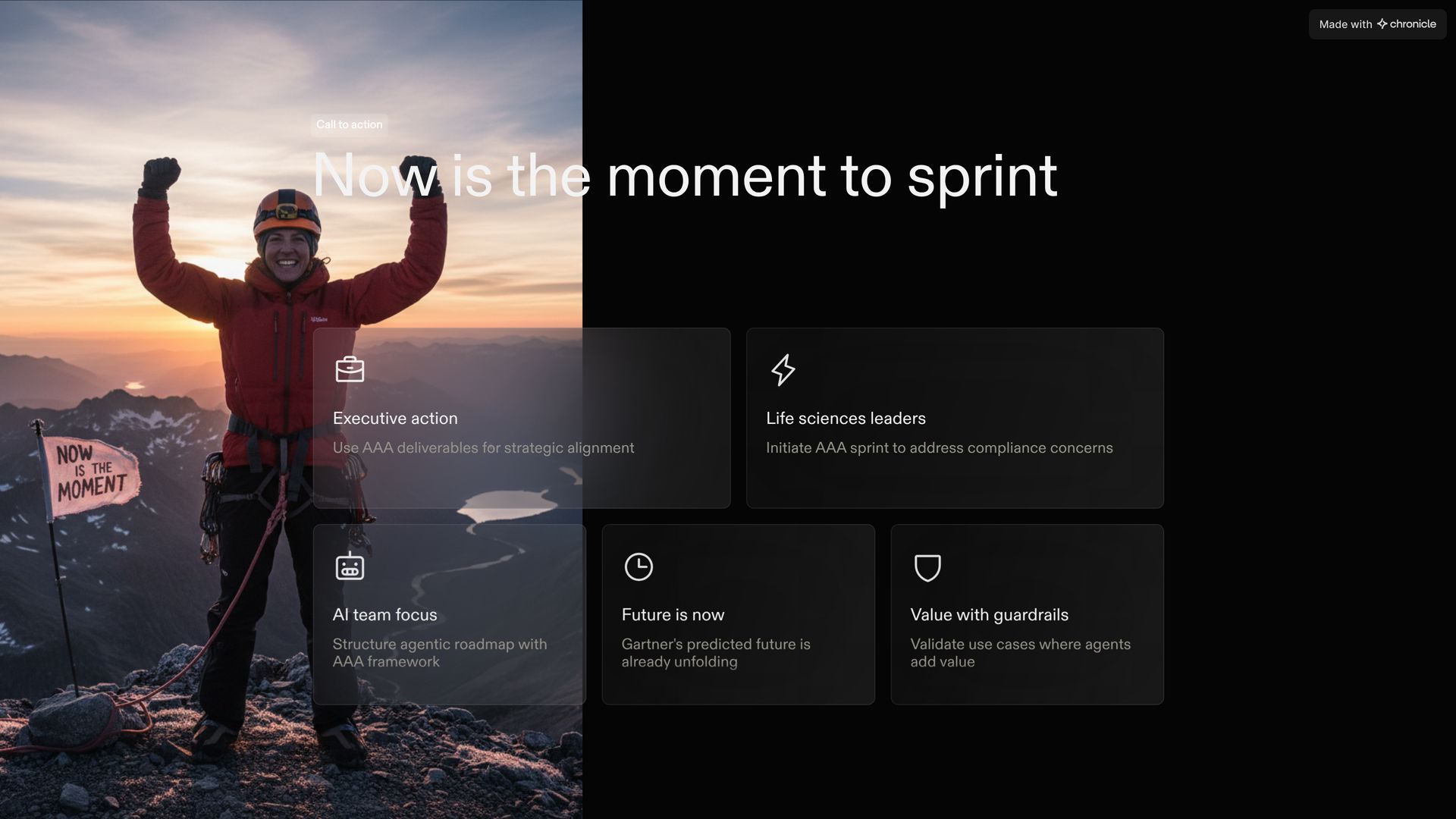Person on mountain summit symbolizing action with text “Now is the moment to sprint” for AI leaders