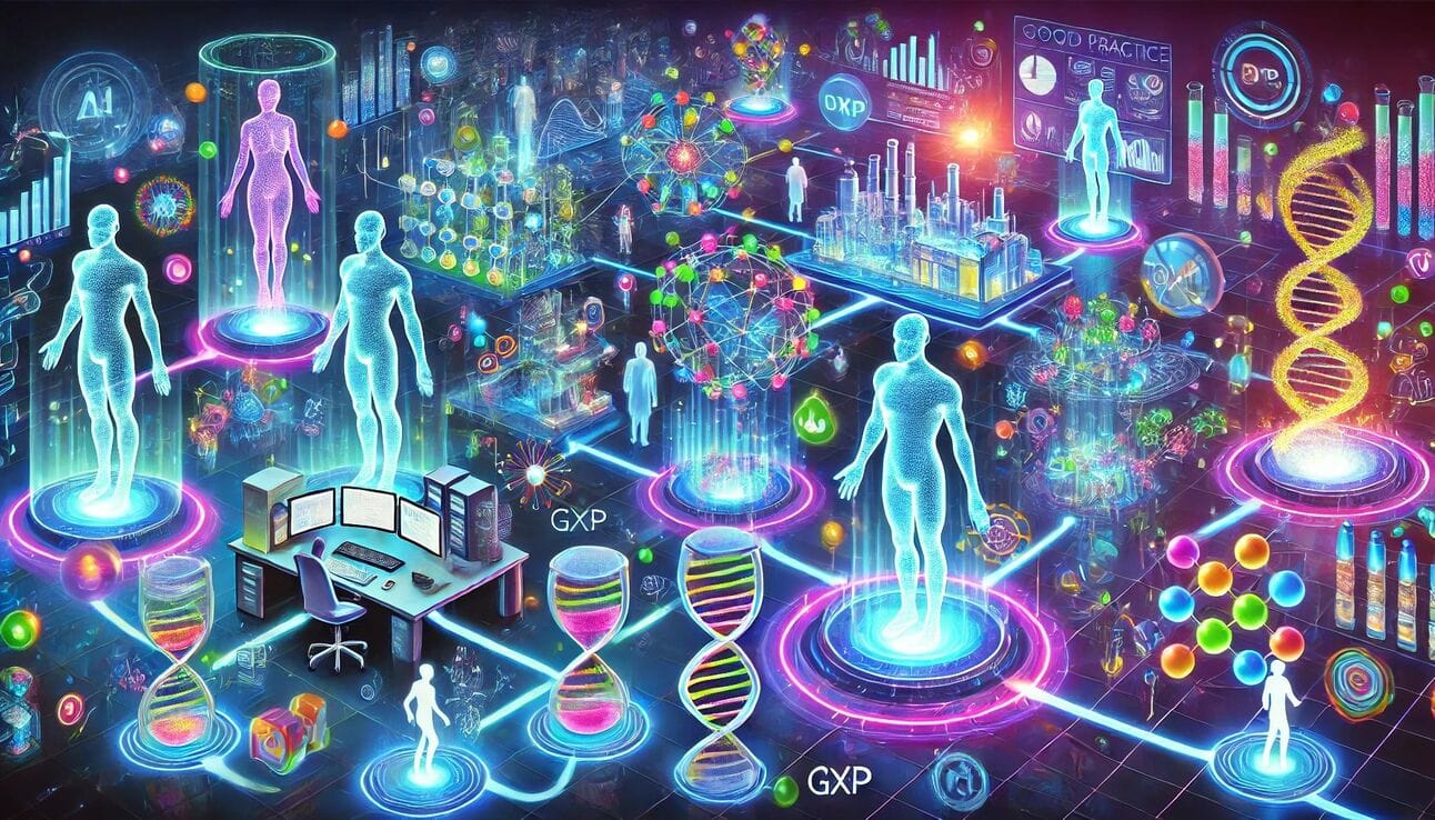 AI and GxP integration with DNA holograms, pharma lab visuals, and digital compliance networks