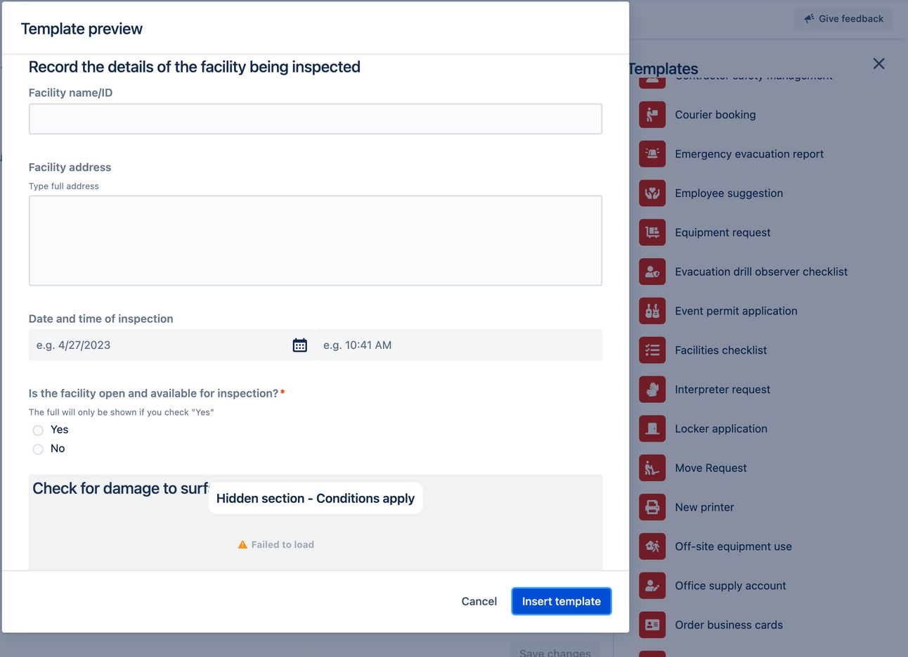 Facility inspection form preview with fields for location, date, and inspection details