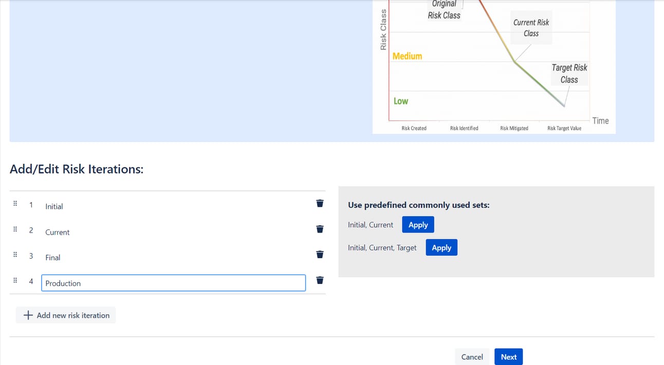 ContinuousRM risk model configuration screen with customizable risk types for medical device development projects