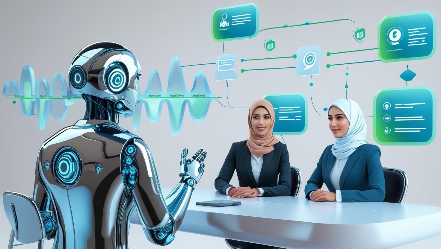 AI robot presenting compliance automation insights to business leaders in pharma and life sciences