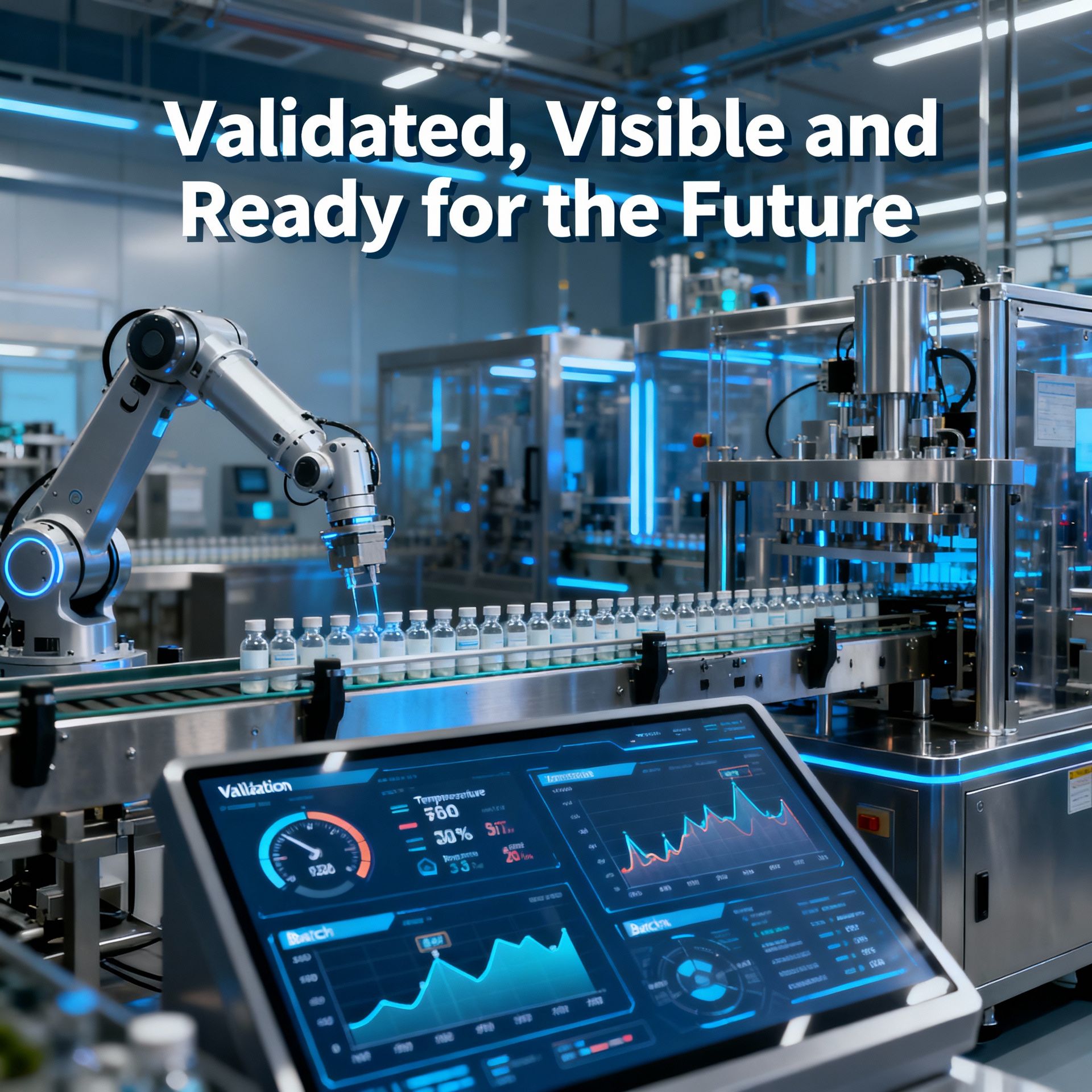 Robotic arm on a pharmaceutical production line with AI analytics and validation dashboards driving automated manufacturing.