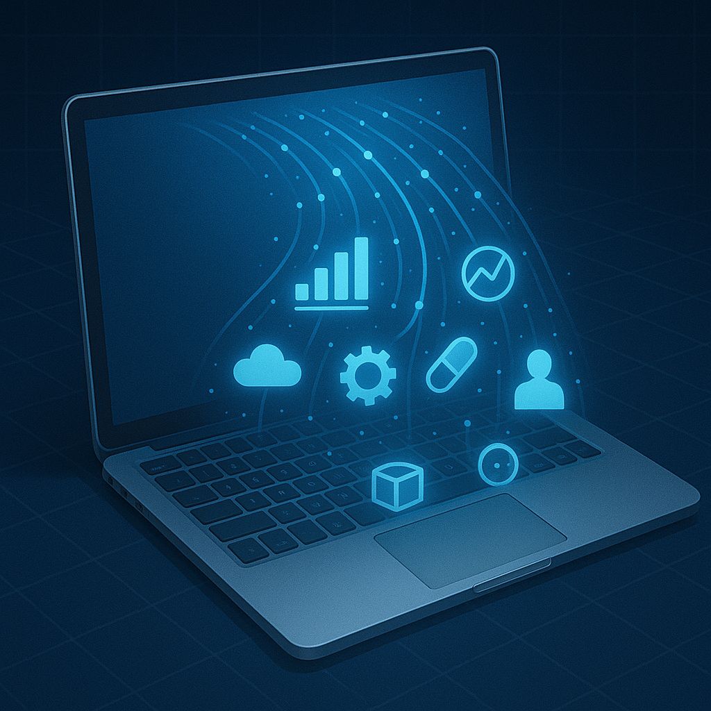 AI laptop with GxP, cloud, analytics, and automation icons for smart pharma manufacturing