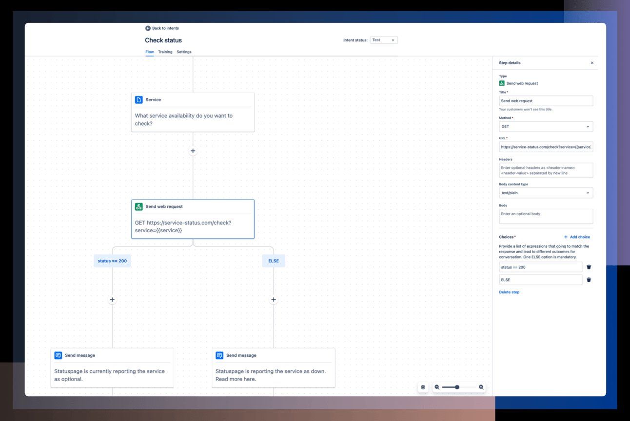 No-code AI flow builder automating service status checks using logic and API calls