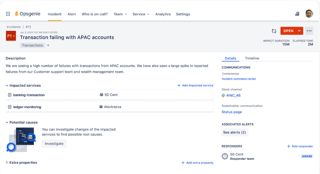 APAC incident alert for transaction failure showing impacted services and assigned support team in IT operations system