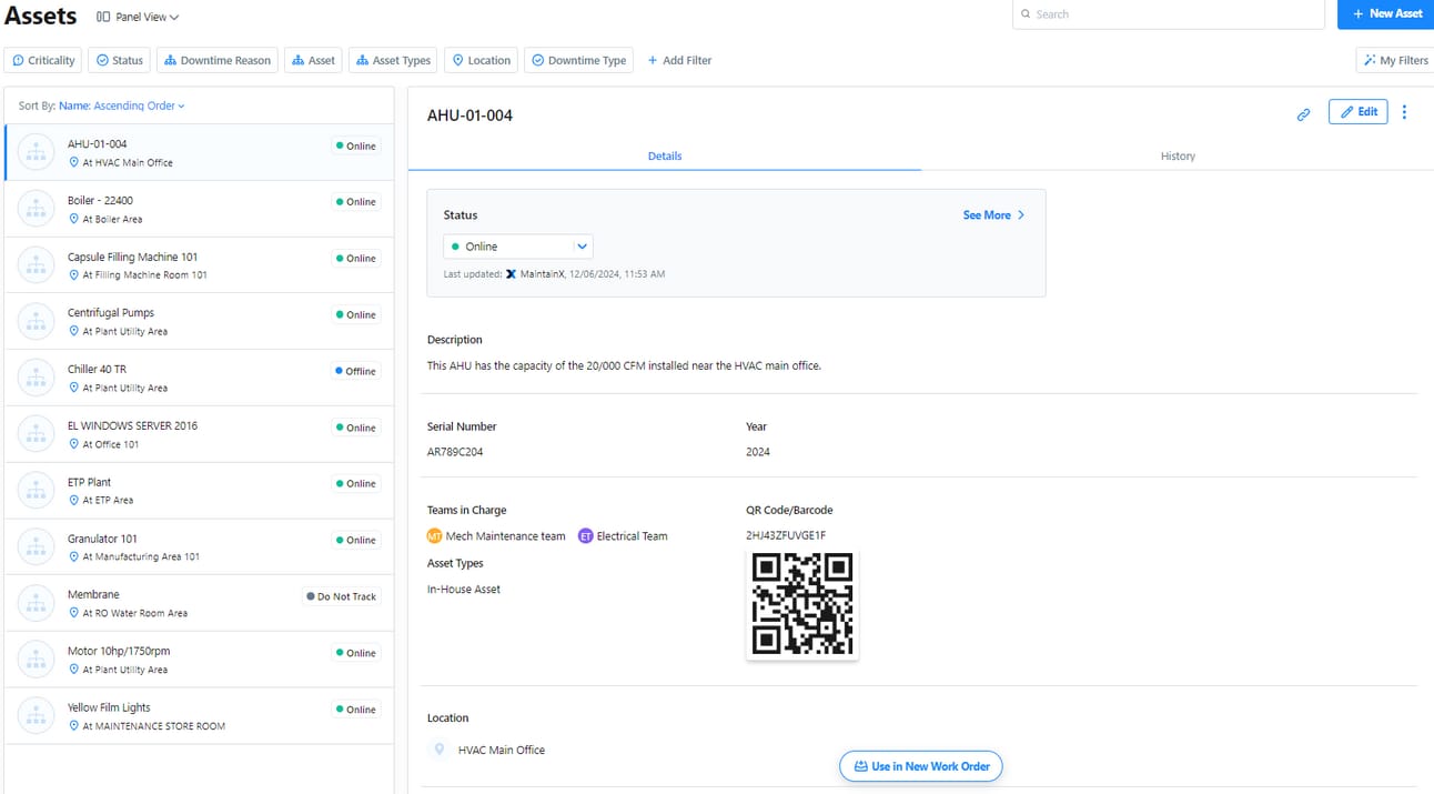 CMMS asset profile for AHU-01-004 showing equipment status, team, and QR code tag