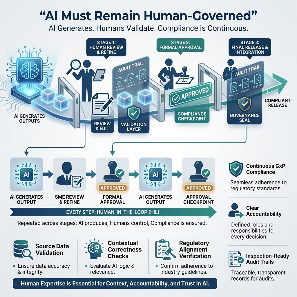 AI validation lifecycle showing planning, URS creation, test cases, execution, and traceable GxP workflow