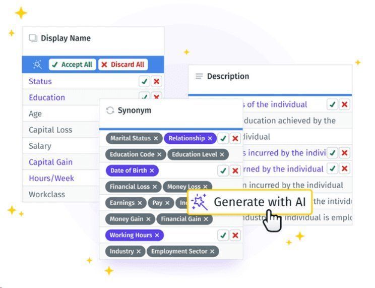 AI assistant suggesting field names and synonyms with accept, reject, and generate options