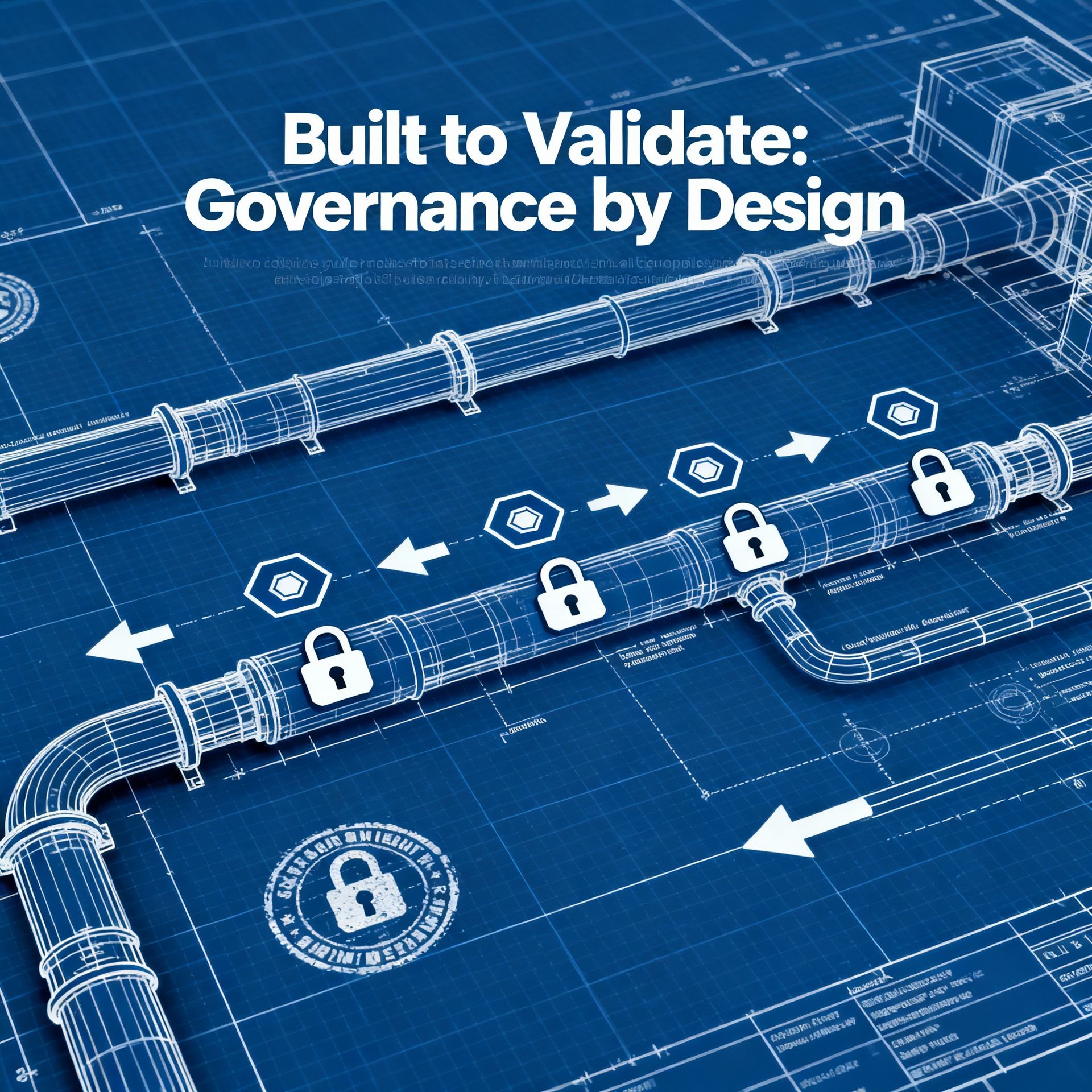 Blueprint showing secure data pipeline symbolizing validation and governance by design in AI systems
