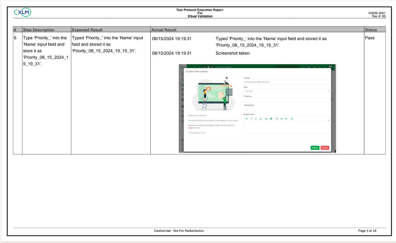 Validation report showing field entry 'Priority_' with timestamp, pass status, and step execution log details