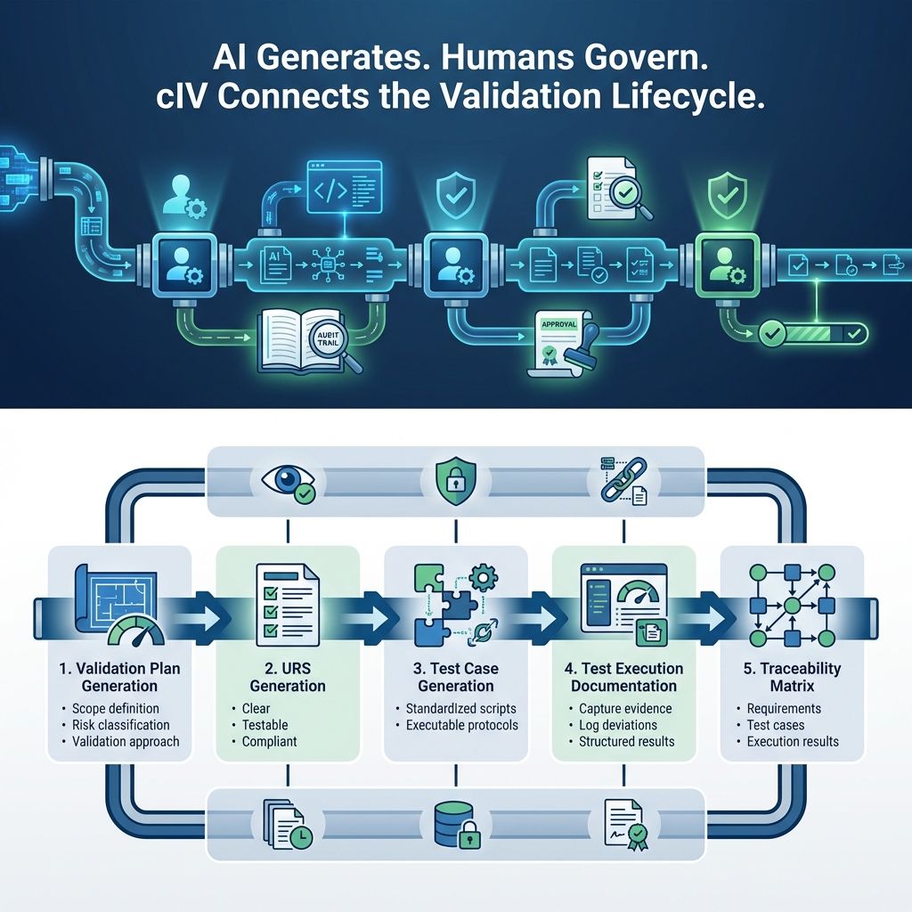 AI-powered validation workflow enabling audit trails, risk-based execution, traceability and governance in regulated systems