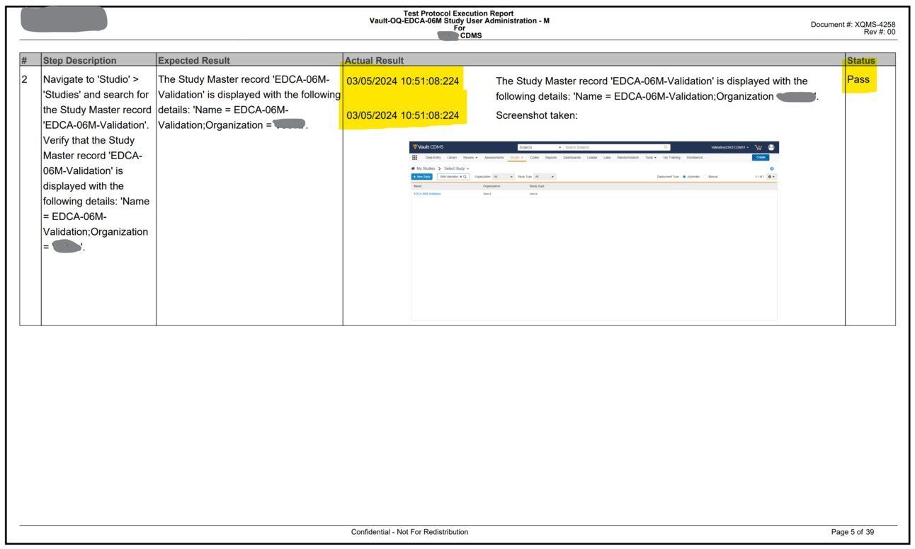 CDMS test protocol execution showing passed step with timestamp for GxP validation tracking