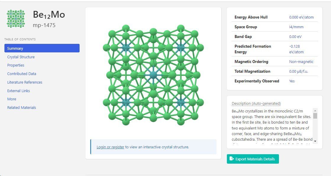 Interactive crystal structure view of Be₁₂Mo showing band gap, energy, and magnetism properties