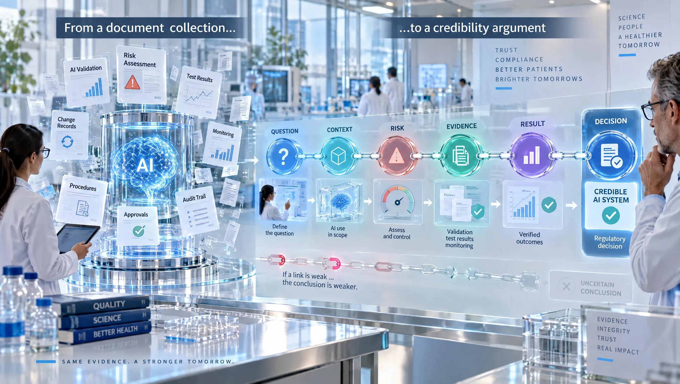 AI credibility framework showing GxP evidence, validation, risk assessment, monitoring, and regulatory decision workflow.