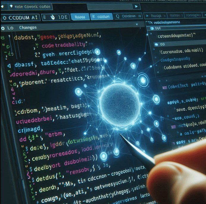 AI-powered code analysis interface with neural network orb and multicolored code highlighting logic paths