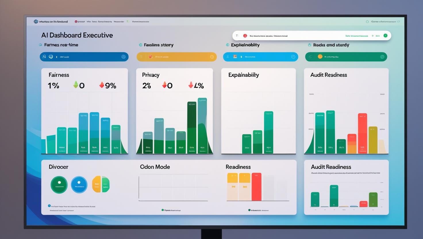 AI governance dashboard tracking fairness, privacy, explainability, readiness, and audit compliance metrics