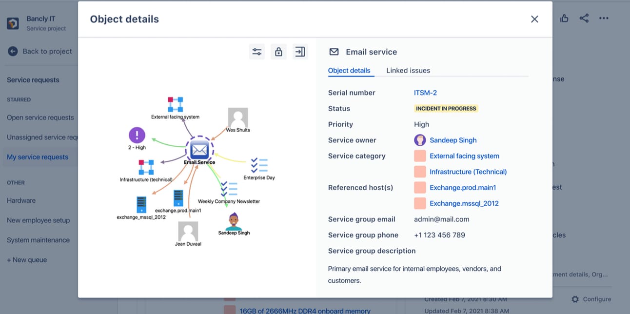 Email service dependency map showing users, systems, and incident status connections