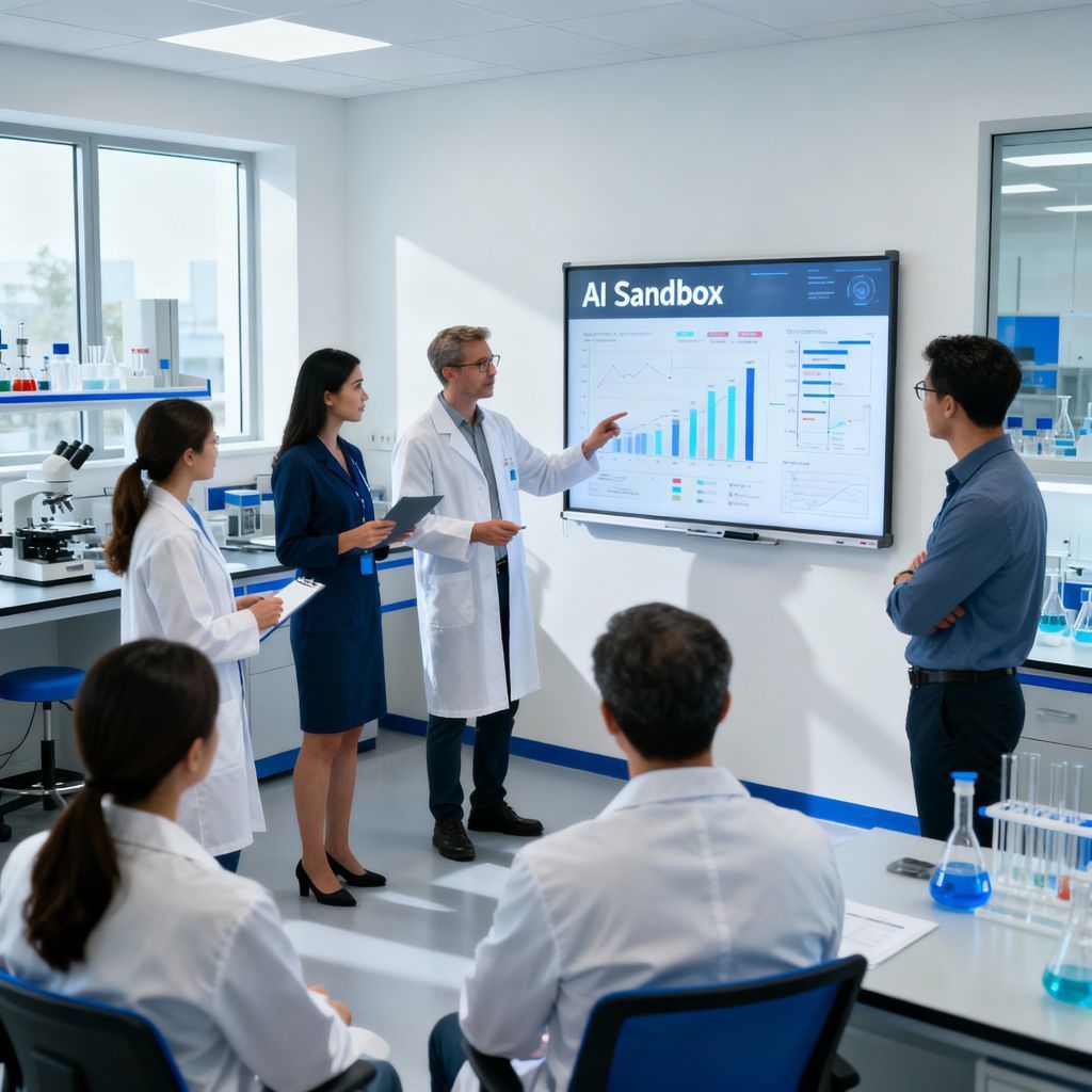 Scientists reviewing AI sandbox analytics in a pharma lab meeting for compliance and innovation
