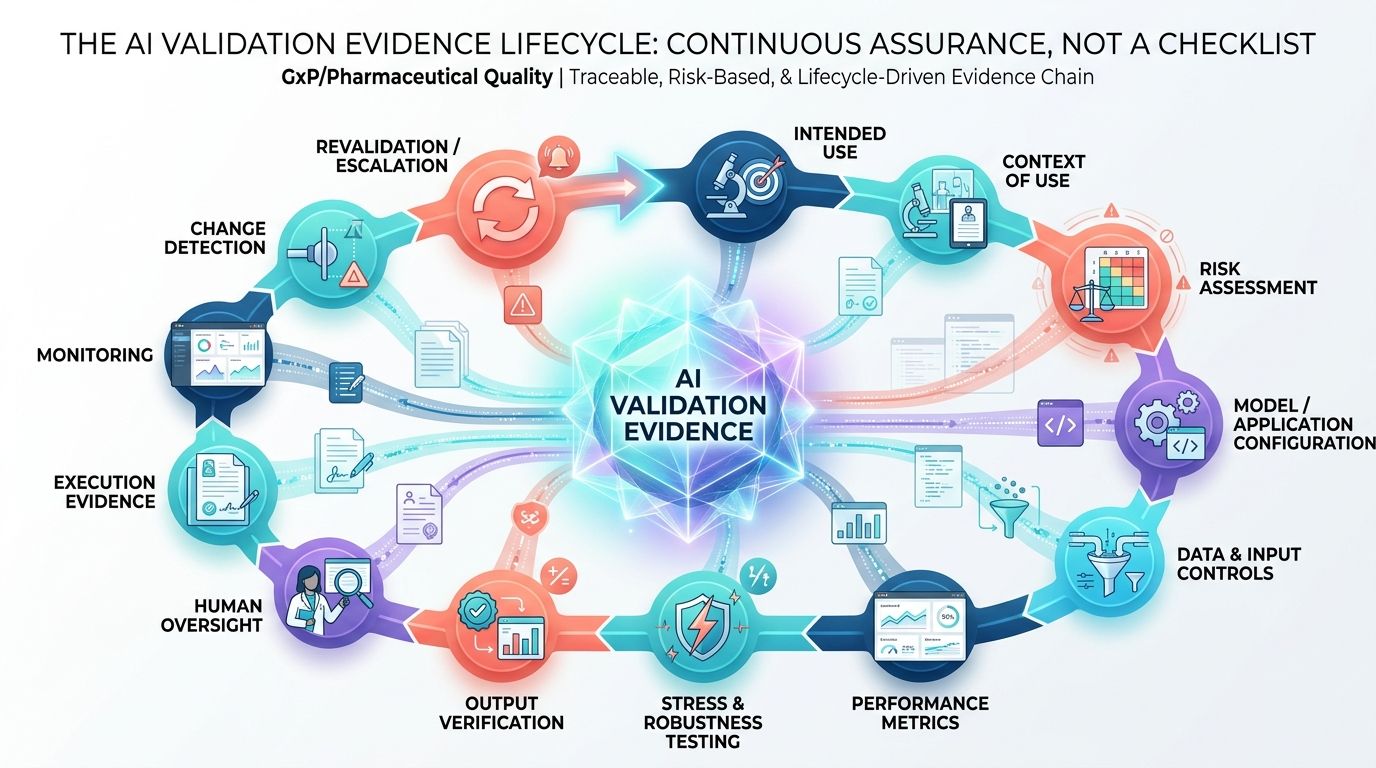 AI validation lifecycle for GxP quality, showing risk assessment, testing, monitoring, and revalidation.