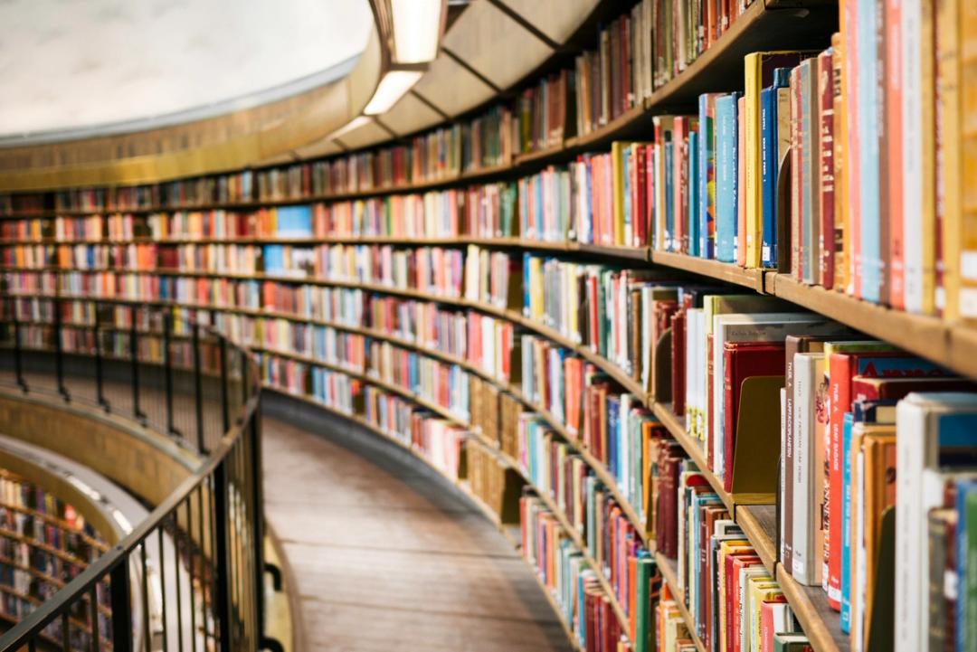 Bøker i en stor, buet bokhylle i et bibliotek, symboliserer språk og kultur.