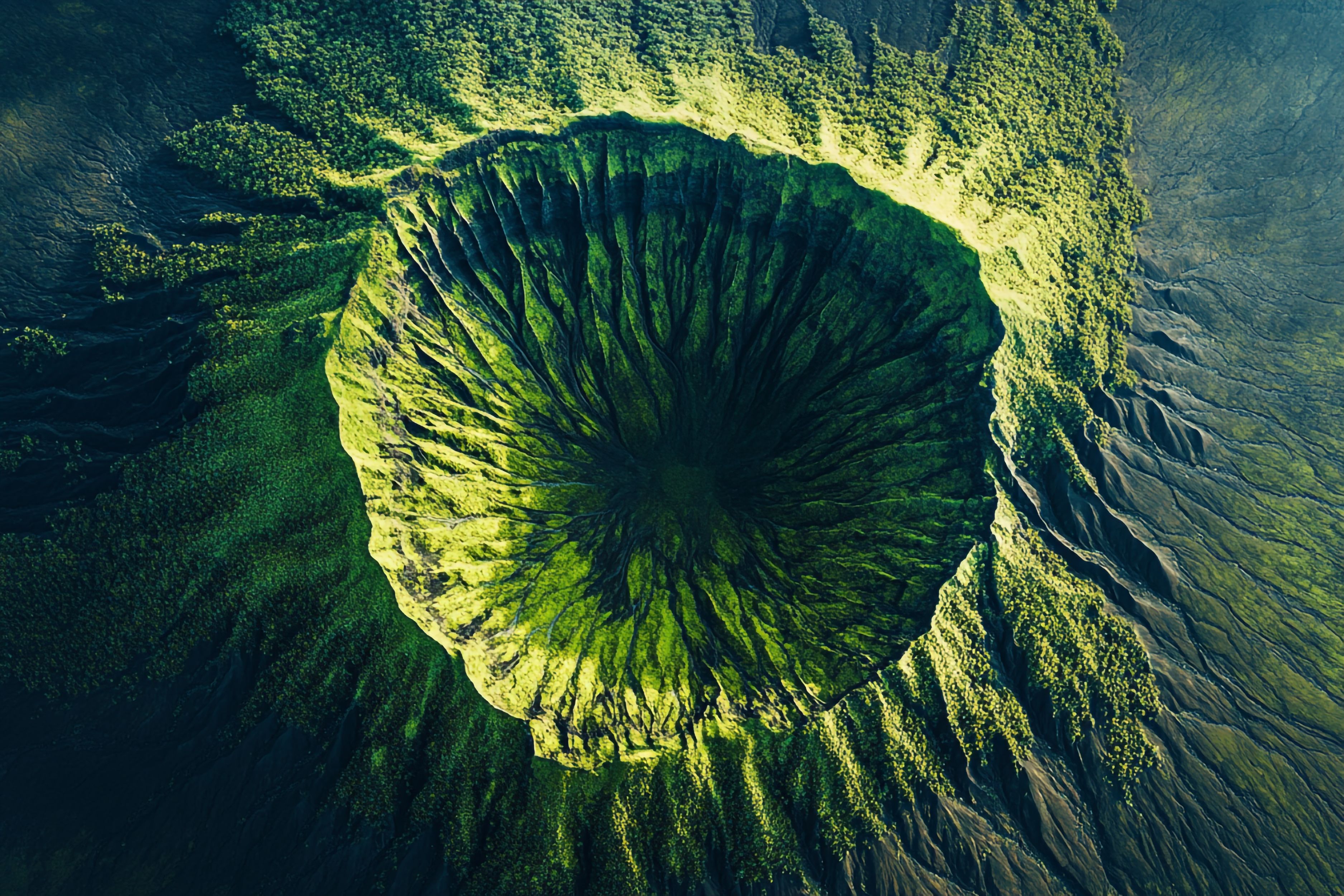 Bildet viser et krater i et fjell og alt er grønt.