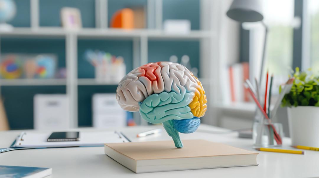 3D-modell av menneskehjerne på en bok - visualiserer hvordan Psykologi 1 handler om å forstå tanker, følelser og atferd.