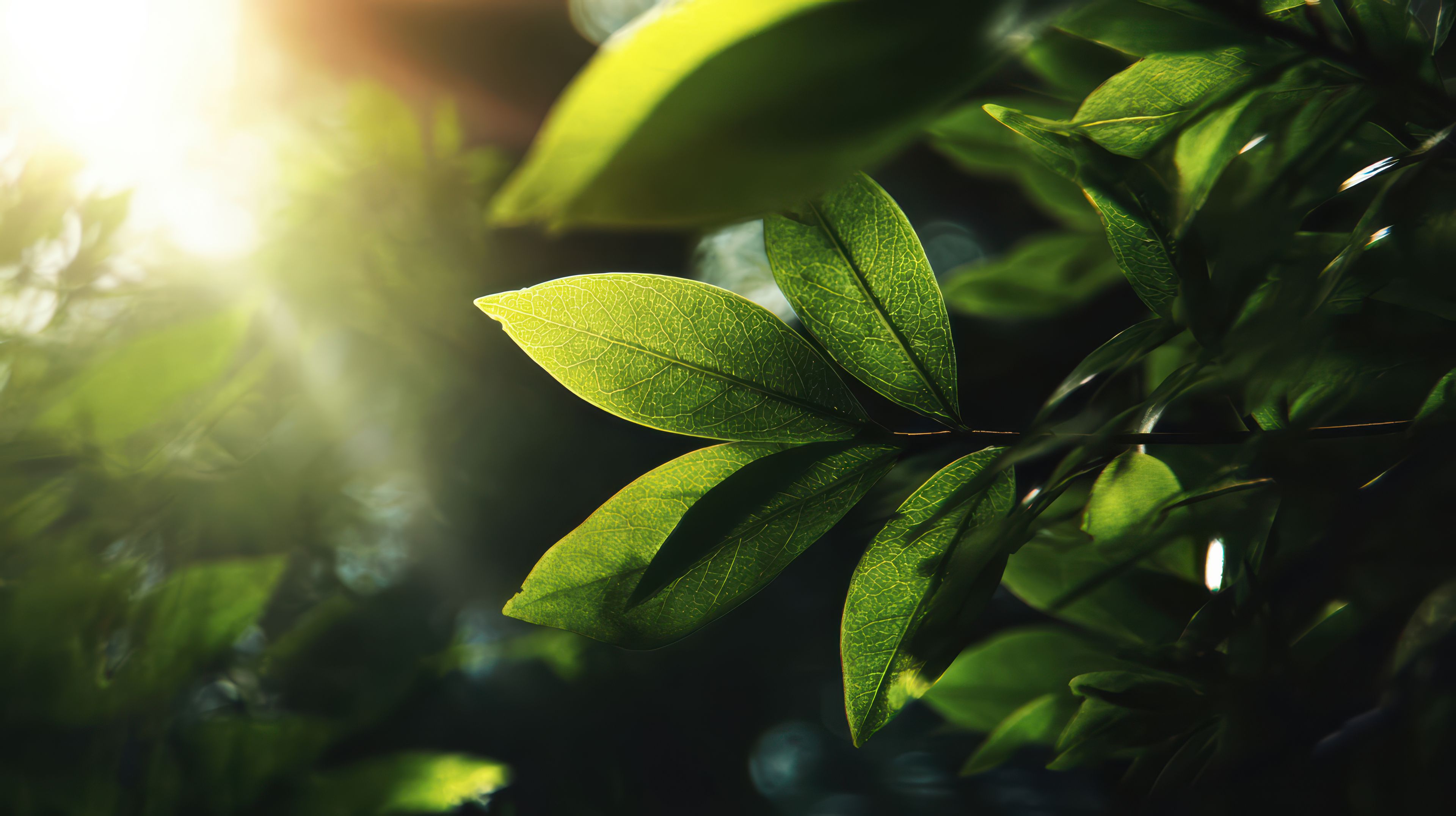 Nærbilde av av grønne blader som solen skinner igjennom.