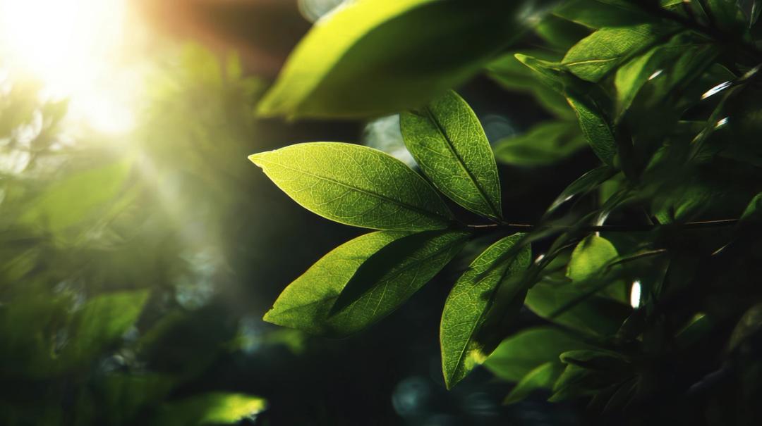 Nærbilde av av grønne blader som solen skinner igjennom.