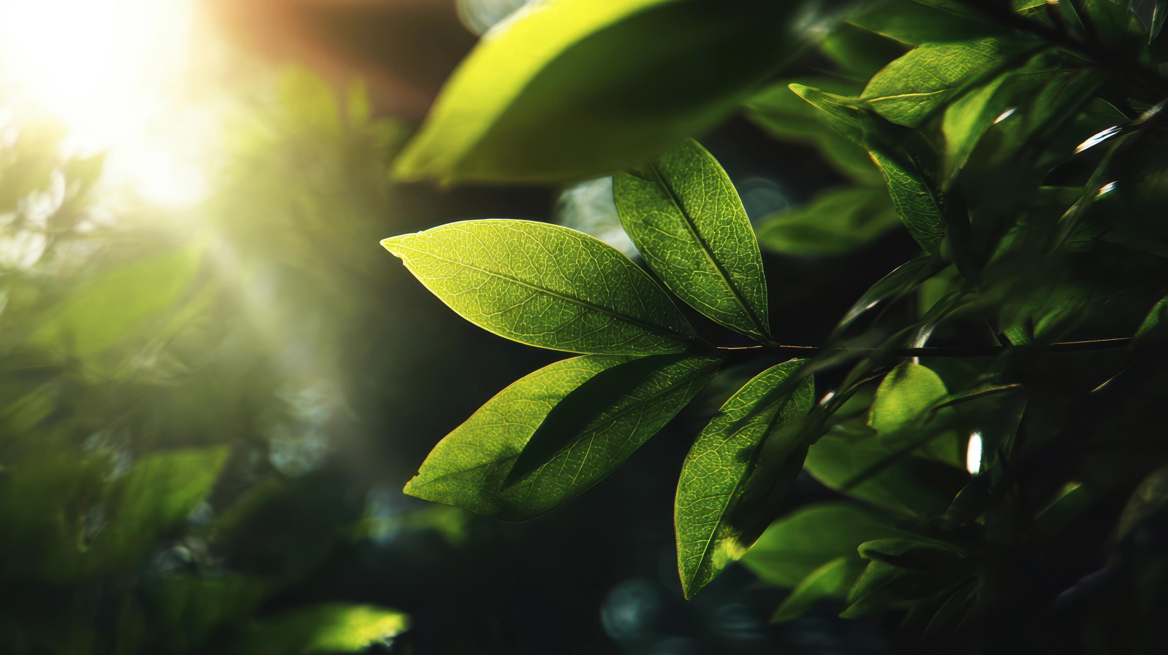 Nærbilde av av grønne blader som solen skinner igjennom.
