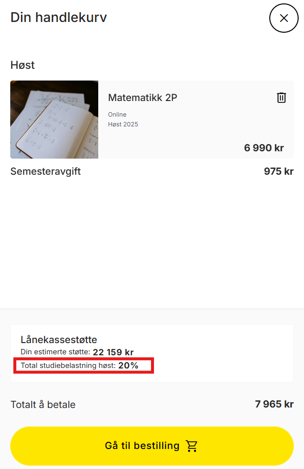 Skjermbilde som viser total studiebelastning høst: 20 %.