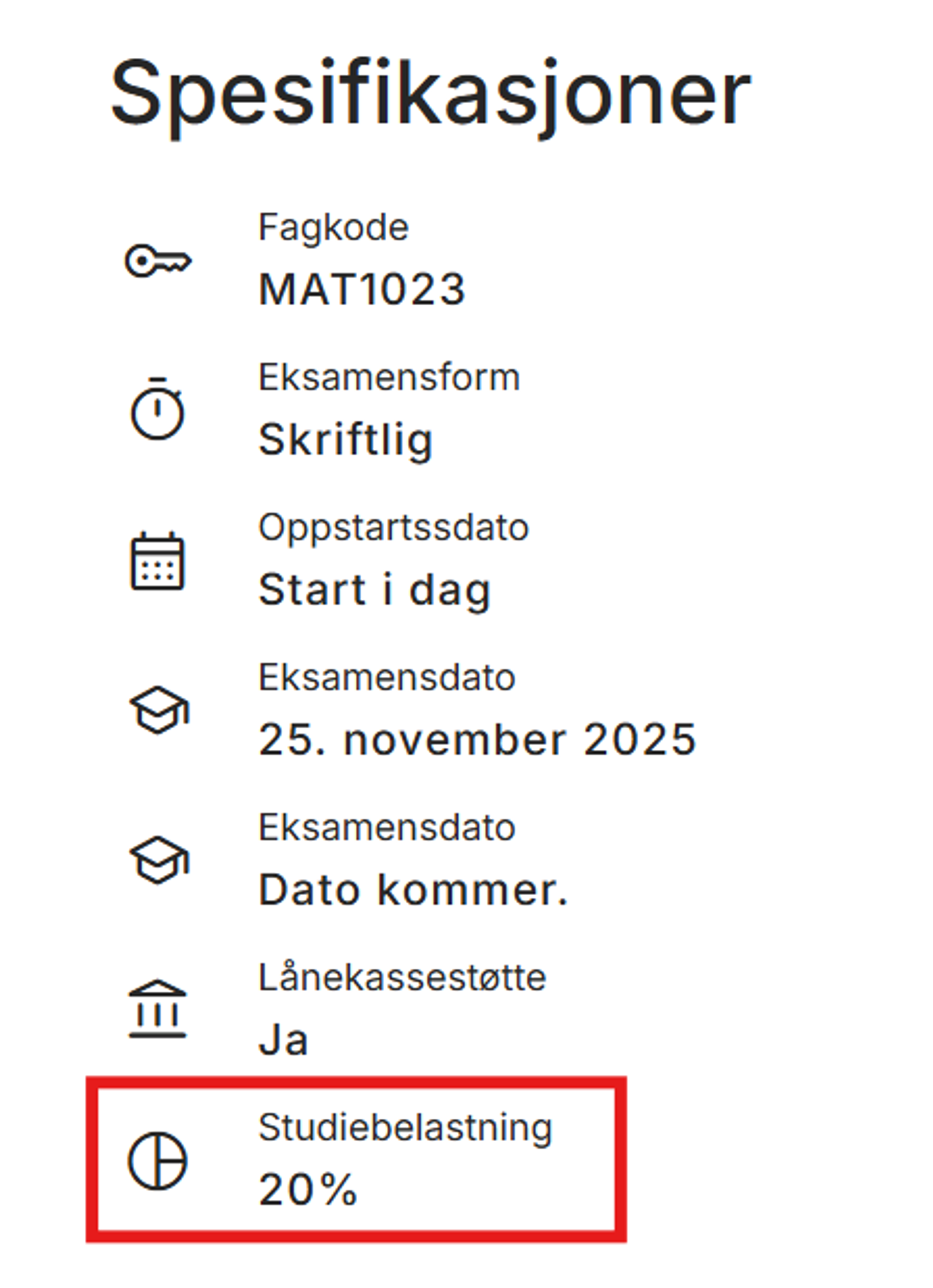 Skjermbilde som viser total studiebelastning for matematikk 2P på 20%