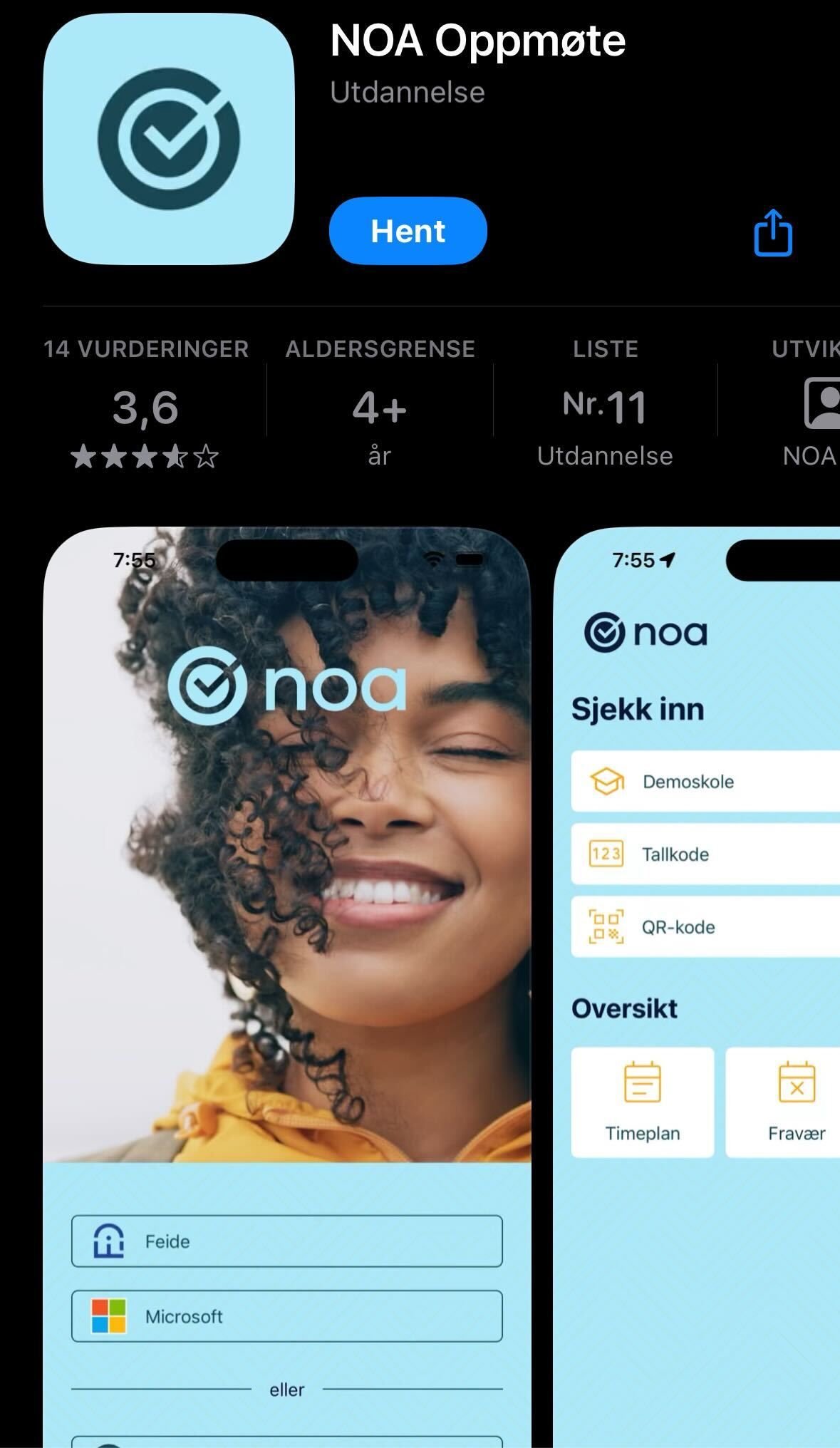 Skjermbilde fra NOA appen