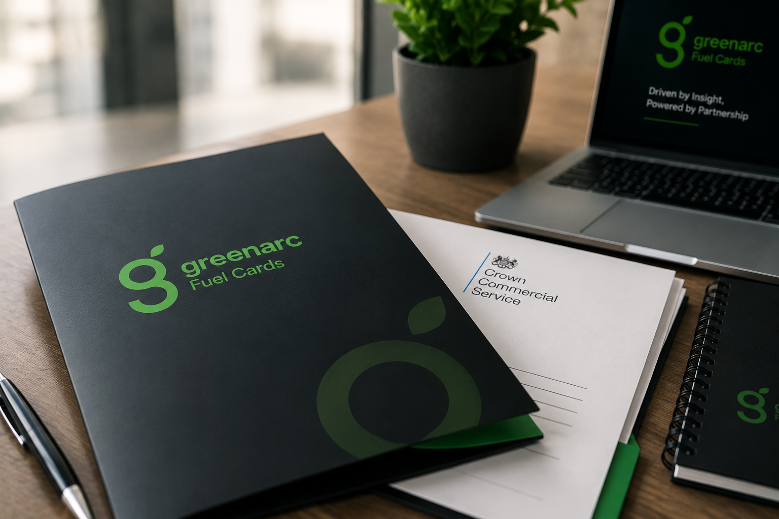 Greenarc Fuel Cards branded folder alongside Crown Commercial Service documents, representing Greenarc’s appointment to the CCS framework.