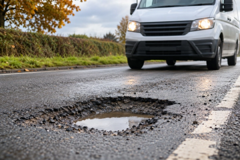 Commercial van approaching a pothole on a UK road, highlighting the risk of vehicle damage and costly repairs.