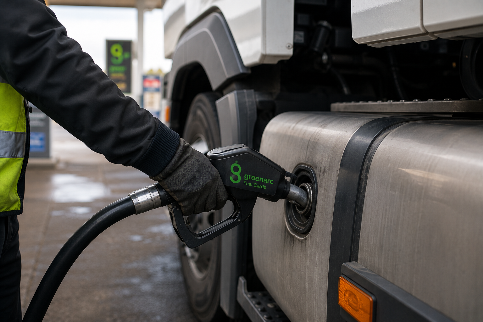 Close-up of a truck driver refuelling an HGV at a fuel station using a Greenarc fuel card pump.