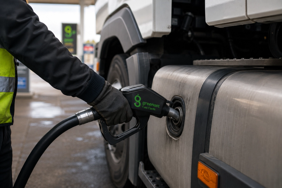 Close-up of a truck driver refuelling an HGV at a fuel station using a Greenarc fuel card pump.