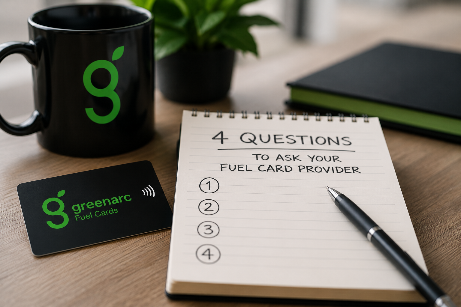Greenarc Fuel Card beside a notebook highlighting four questions to ask your fuel card provider.