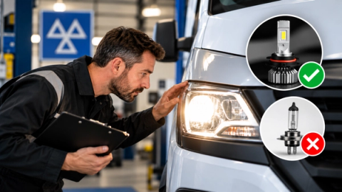 Mechanic inspecting a van headlight during an MOT