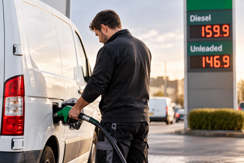 Van driver refuelling a white commercial van at a UK petrol station, with diesel prices displayed in the background, highlighting rising fuel costs for businesses.