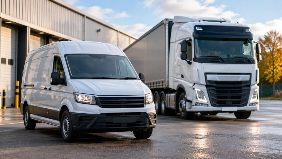Modern commercial van and HGV at a UK logistics depot, illustrating the introduction of Euro 7 vehicle emissions standards.