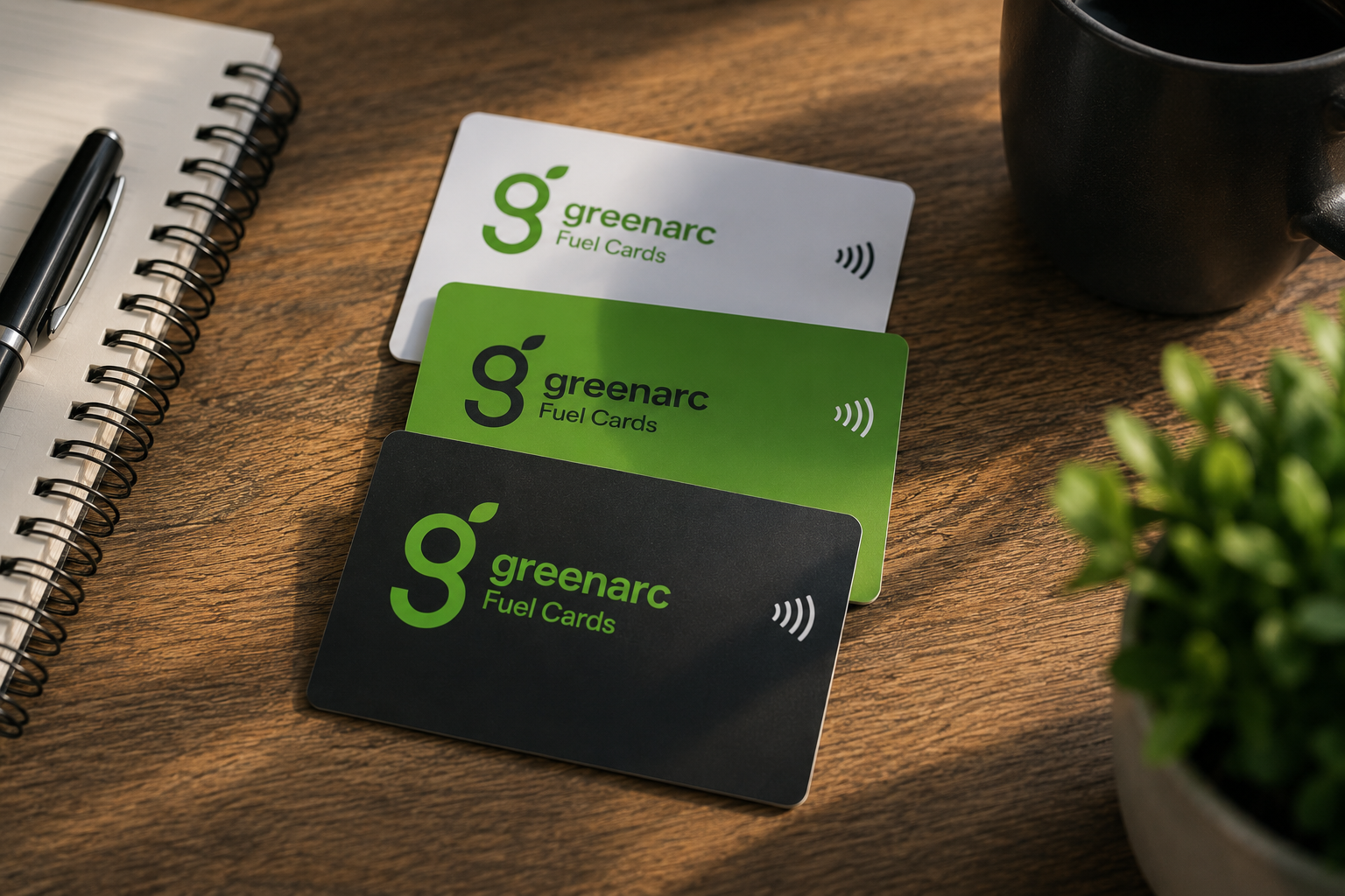 Three different Greenarc fuel cards displayed together, representing flexible fuel card options for different fleet needs.