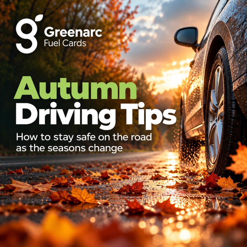 Car driving on a wet autumn road with fallen leaves, promoting autumn driving safety tips for UK drivers.