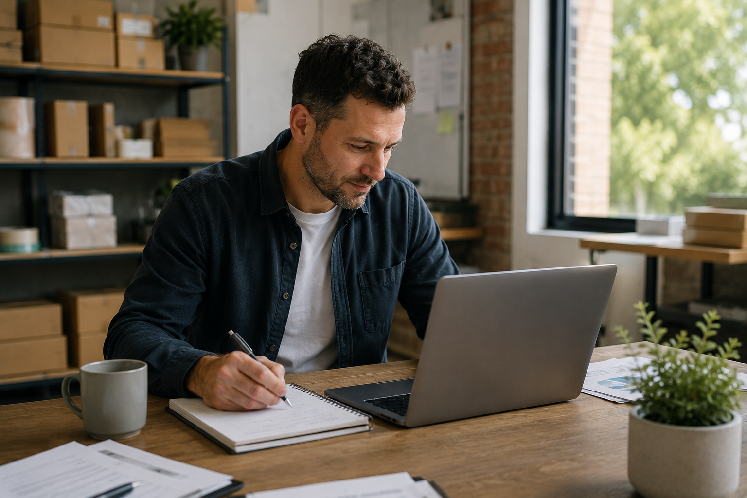 Small business owner working at a desk with a laptop and paperwork in a busy workspace.