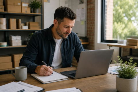 Small business owner working at a desk with a laptop and paperwork in a busy workspace.