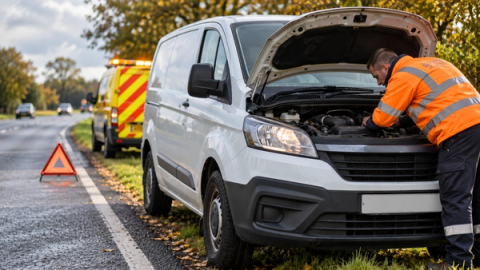Breakdown technician inspecting a commercial van at the roadside, highlighting the cost of vehicle downtime for UK businesses.  🔗 Internal links