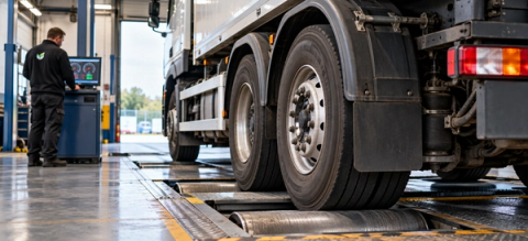 HGV undergoing a roller brake test in a UK vehicle maintenance workshop, with a technician monitoring braking performance.