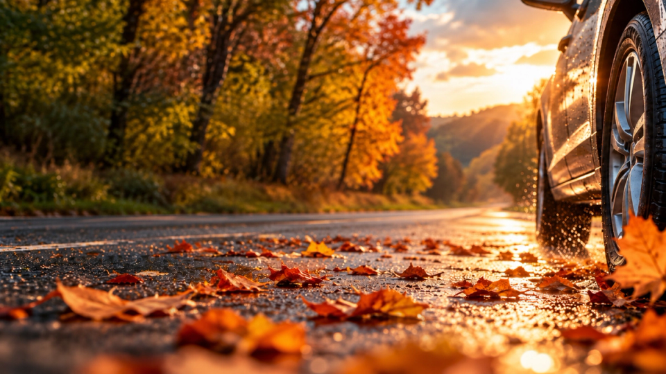 Car driving on a wet autumn road with fallen leaves