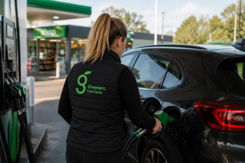 Woman wearing a black Greenarc Fuel Cards gilet while filling up a car at a fuel station.