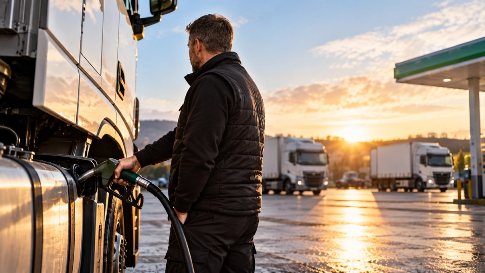 Driver refuelling a truck at a fuel station,