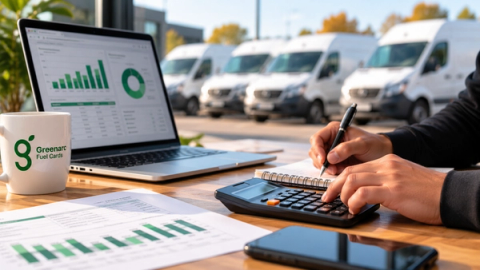 Fleet manager calculating fuel cost per mile using a laptop, calculator and fuel reports.